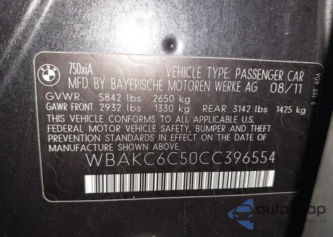 2012 BMW 750I xDrive z USA, uszkodzony, nr VIN WBAKC6C50CC396554